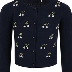 Girls Navy Wool Blend Cardigan with White Pearl Cherries & bead stems. Size 14.